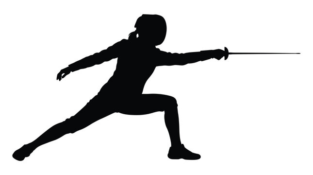 Fencing athlete silhouette performing a precise lunging movement in this sharp black vector graphic illustration design rendered with clean lines on a stark white isolated background