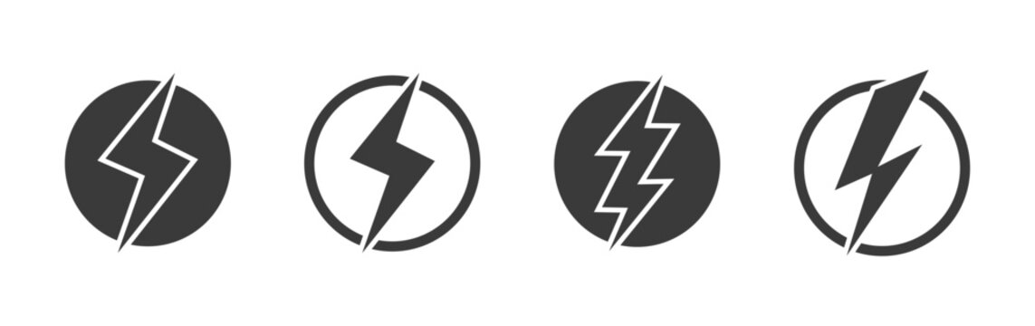 Lightning bolt power icon set in black circles with lightning electricity electric