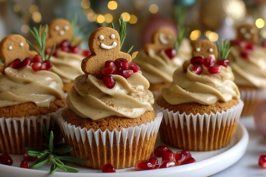 Delicious gingerbread cupcakes with festive frosting topped with pomegranate and rosemary creating a cheerful holiday dessert display. Generative AI