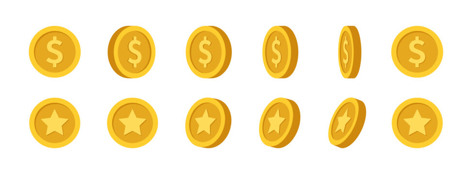 Set of gold coins with dollar signs and stars isolated on white background, currency
