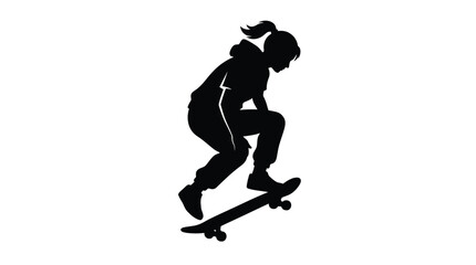 Fototapeta premium Dynamic vector graphic illustration featuring a cool young girl performing an impressive skateboard jump stunt showing athletic energy and urban street style in crisp black silhouette