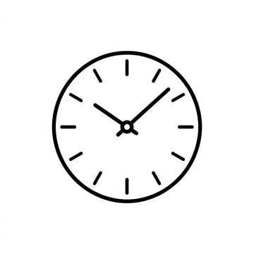 Minimalist black and white clock face with hands showing time isolated on white background