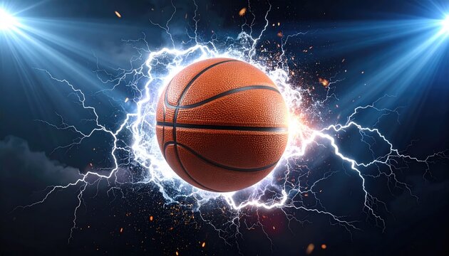 Basketball with electric blue lightning sparks.