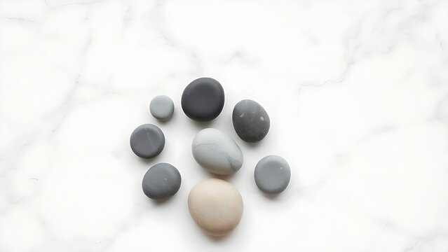 A minimalist arrangement of smooth spa stones on a clean white marble surface.