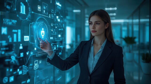 Businesswoman touches a glowing digital user profile icon on an interactive wall display in the workplace.