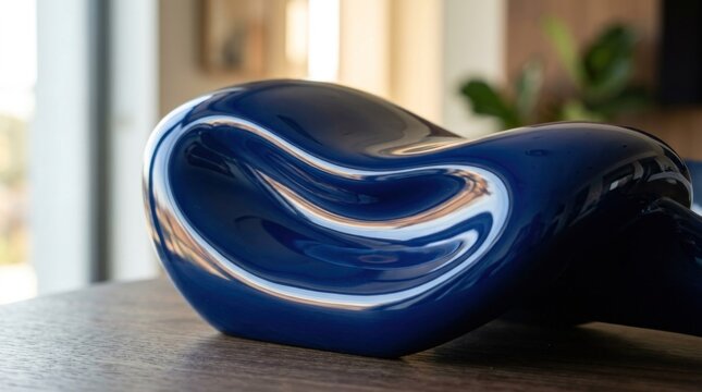 A blue and white ceramic sculpture on a wooden table in a modern, minimalist setting.