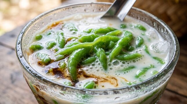 Indonesian Es Dawet Iced Drink with Green Pandan Cendol, Coconut Milk, and Palm Sugar in Glass Cup Outdoors