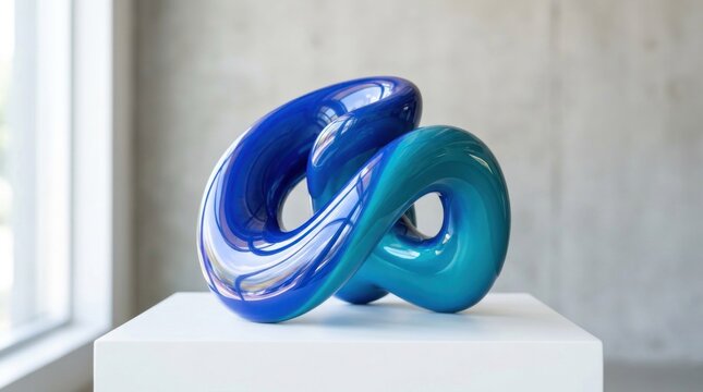 A blue and teal abstract sculpture on a white pedestal in a minimalist setting.