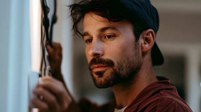 A man with dark hair and beard wearing a cap holds cables near a wall while looking thoughtfully to the side