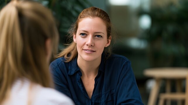 A woman with red hair tied back listens attentively while seated across from another person during a conversation