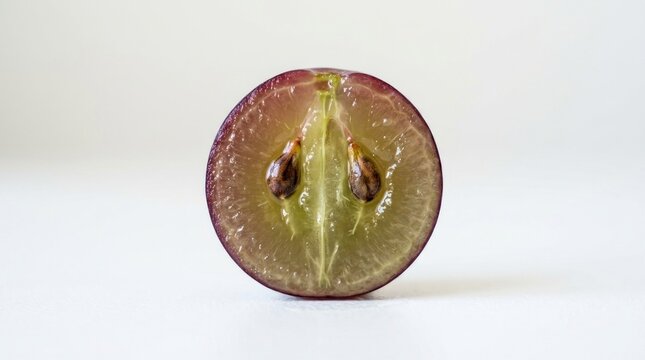 Half of a purple grape with a white background