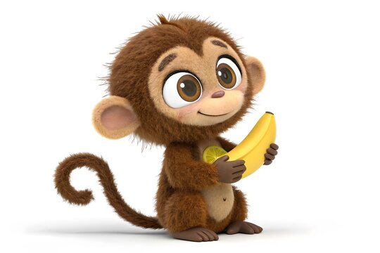Cute cartoon monkey holding a banana and smiling happily