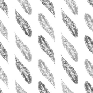 Seamless repeating pencil sketch pattern with feathers in a diagonal layout. Perfect for elegant wrapping paper, minimalist wallpaper, and soft textile designs.