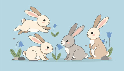 Fototapeta premium Four cute rabbits in various poses playing around bluebell flowers and small rocks on a light blue background.
