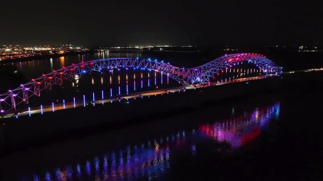 Aerial view of Memphis Arkansas bridge illuminated with vibrant neon lights over Mississippi river night.