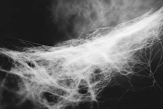 Black background, white spider webs hanging from top to bottom, Generative AI