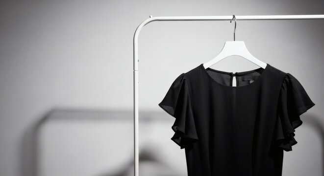 Elegant black garment with flowing sleeves displayed on a polished metal clothing rack against a soft gray backdrop suggesting fashion retail and apparel presentation for style and clothing