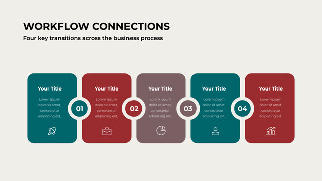 Five business cards in a row with numbered circles between them for presentation
