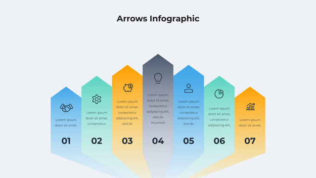 Business infographic of seven vertical arrows with numbers and icons for presentation