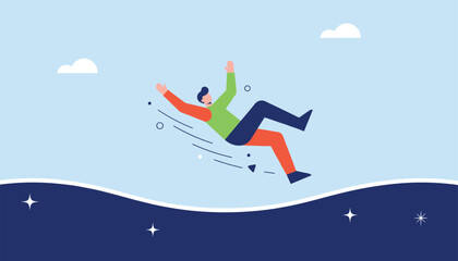 Fototapeta premium Graphic illustration of a man slipping and falling backwards in the air against a simple background with small shapes.