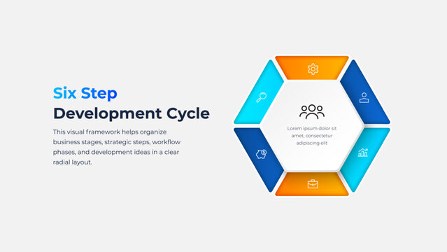 Six step hexagon infographic with icons and central text for business presentation