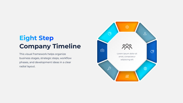 Infographic of eight step octagon diagram with icons for business presentation