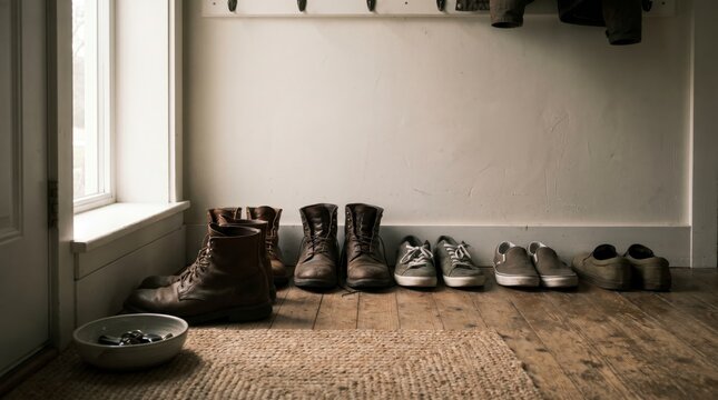 Row of worn boots and sneakers lined up by a doormat in a rustic home entrance