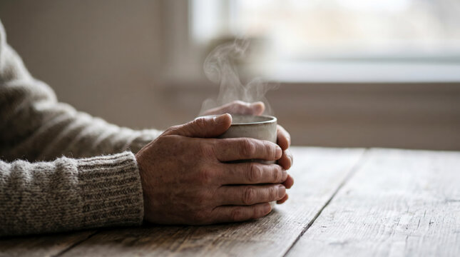 Elderly man warming his hands around a steaming mug by a bright window