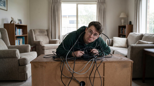 Deadpan young man draped in a messy tangle of cables in a suburban living room