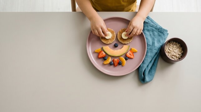 Overhead view of a child arranging a playful smiley face breakfast on a plate