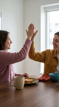 Two young women sharing a cheerful high five over breakfast at a wooden table