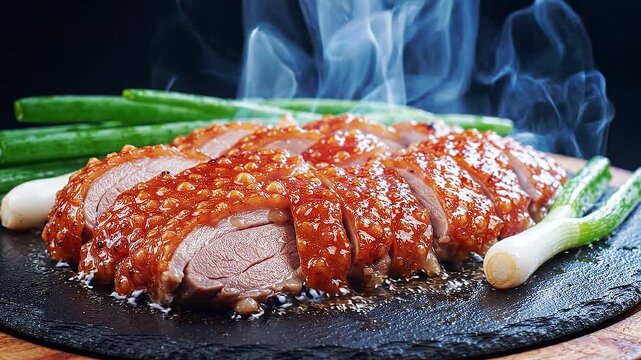 Crispy Roasted Duck Perfectly roasted duck with a glistening crispy skin sliced and served steaming hot with fresh green onions promising a culinary delight