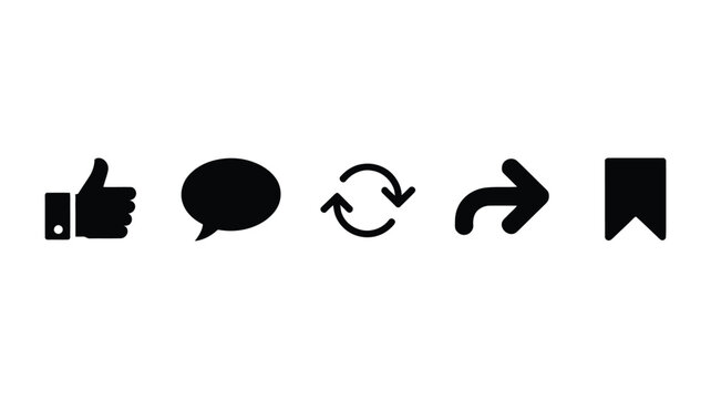 Social media engagement icons set, like comment repost share save symbols, silhouette vector, digital marketing, social network, communication, user interaction

