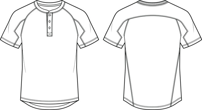 Men henley raglan short sleeve t shirt fashion technical flat sketch vector illustration front and back view