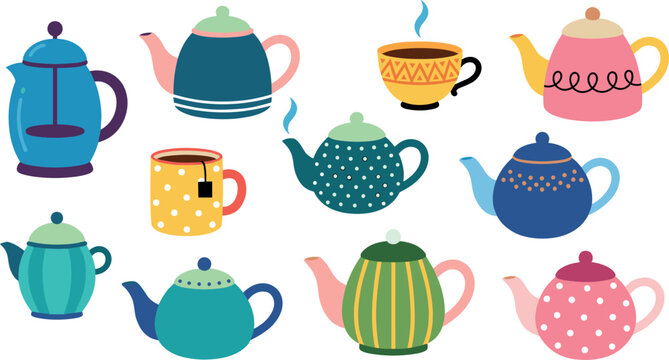 Cute ceramic teapots and coffee mugs collection set with polka dots stripes patterns french press and tea cup vector illustrations