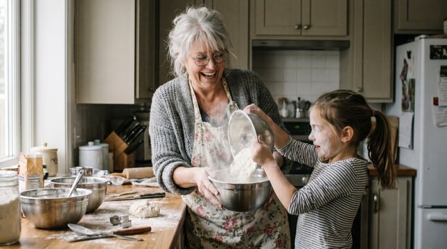 Grandmother and granddaughter baking together with flour in a cozy home kitchen