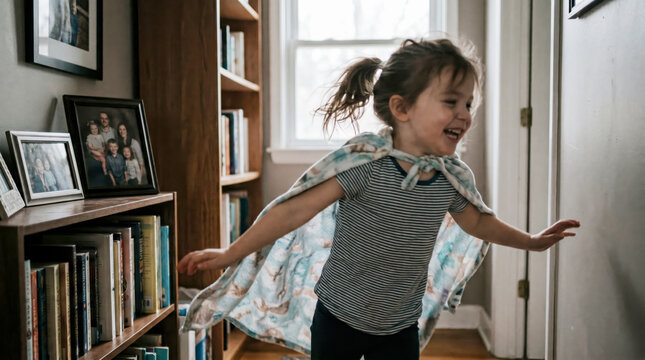 Happy young girl in a homemade cape running past a bookshelf in a bright home