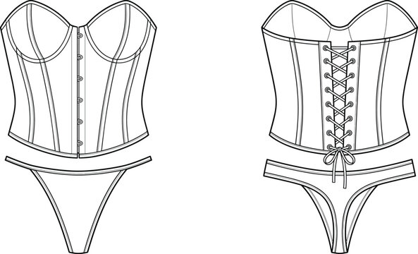 Women corset top lingerie set technical flat sketch vector illustration with thong lace up back front view