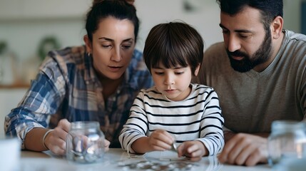 Fototapeta premium A family gathered around a table as a child counts coins into jars while adults observe closely