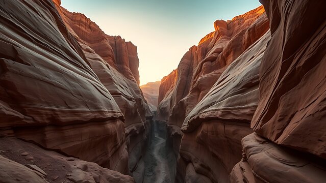 Eroded rock formation in desert landscape with narrow canyon and golden hour lighting.