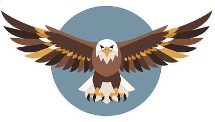 Fototapeta premium Majestically soaring bald eagle with wide outspread wings flying directly forward against a blue circular background.