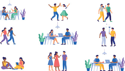 Fototapeta premium Diverse young people social lifestyle vector character set showing friends dining working dancing walking and talking flat cartoon illustrations