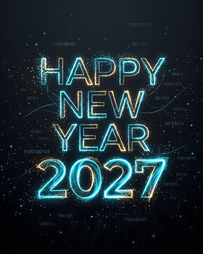 Happy New Year 2027 &ndash; a futuristic design featuring glowing typography in shades of neon blue and orange.	