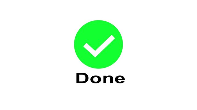 Green check mark icon inside circle with word done below indicating completion success confirmation positive feedback positive result.