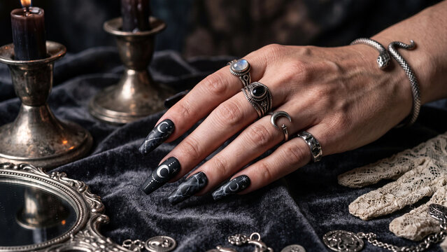 Nail Extension Art with Black Rings on Dark Velvet