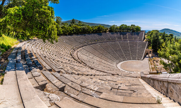A view across the top of the ancient Theatre of Epidaurus in the Peloponnese peninsula in Greece in early summertime