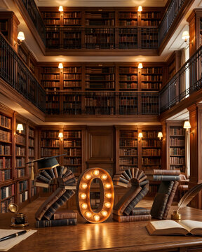 Happy New Year 2027 education concept greeting card with books and library.