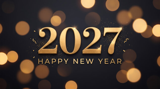 New Year 2027 background with golden text and bokeh lights.