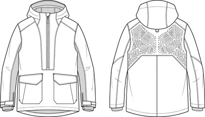 Men hooded anorak jacket fashion technical drawing template vector illustration with front and back view for design mockups © Gesmin