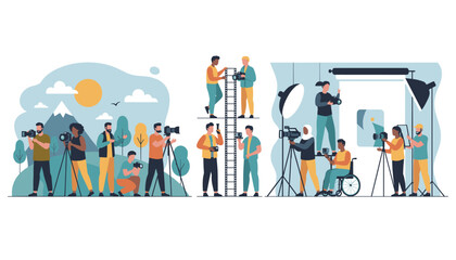 Fototapeta premium Diverse collection of male and female professional photographers and videographers working in studio and outdoors.